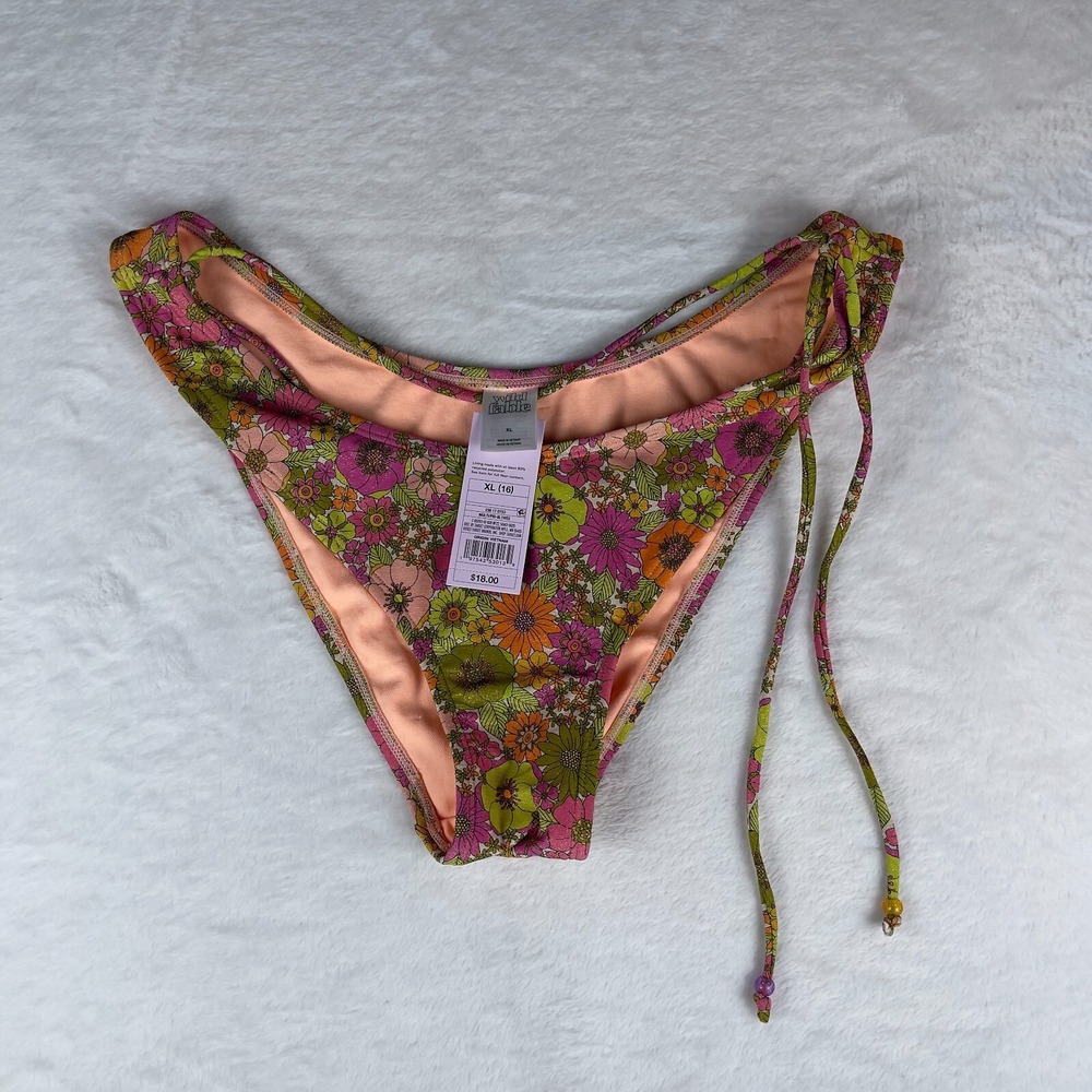 Wild Fable Cheeky Bikini Bottom Women XL Pink Lurex Floral Print Beaded Side-Tie